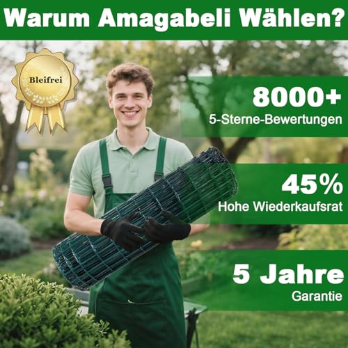 Amagabeli 1M X 25M Gartenzaun Zaun PVC-beschichteter 100 x 50mm 2.1 mm Drahtzaun Maschendraht Wildzaun/Hundezaun Rostfrei Zaunelemente Grünen Maschenweite Drahtgitter Kaninchendraht Forstzaun