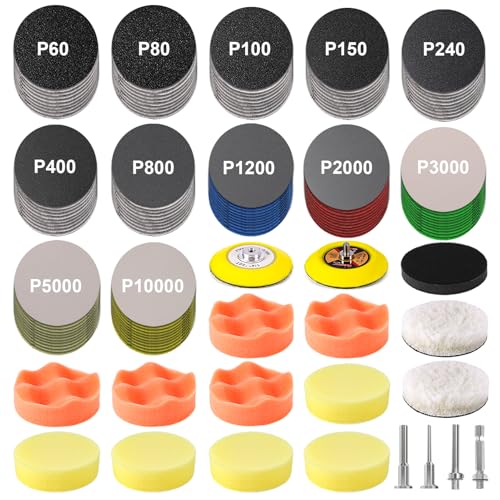 199 Pieces 3 Inch Sanding Discs, GOH DODD Headlight Restoration Kit Hook and Loop Sanding Pads 60 to 10000 Grit Wet Dry Sandpaper with 1/4“ 1/8 Shank, Backer, Polishing Pads and Interface Pad