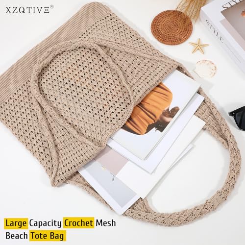 Image of XZQTIVE Crochet Tote Bag for Women Mesh Beach bag for Summer Vacation Aesthetic Hobo Knit Shoulder Bag
