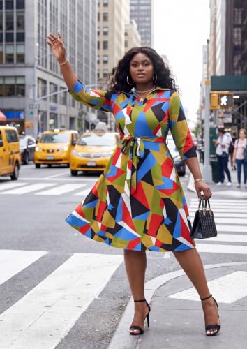 Image of FANDEE Plus Size Midi Dress for Women - Printing Summer Dresses for Wedding Guest Cocktail Party 3 /4 Sleeve V Neck(L-5XL)