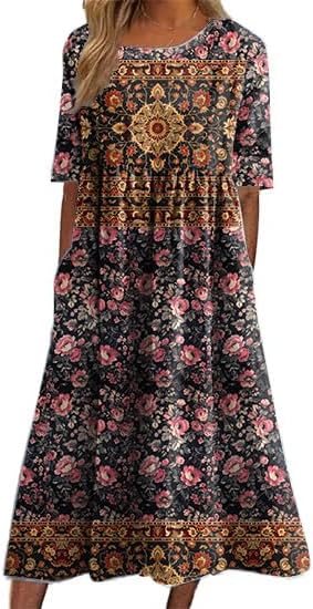 Boho Dress for Women Floral Print Short Sleeve Crewneck Plus Size High Waist Smocked Flowy Swing Ruffle Dress