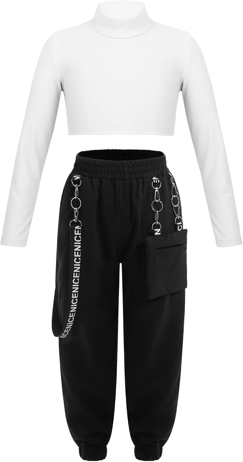 Oyolan Kids Girls Dance Athletics Outfits Long Sleeve Crop Tops with Cargo Pants Hip Hop Street Performance Costume