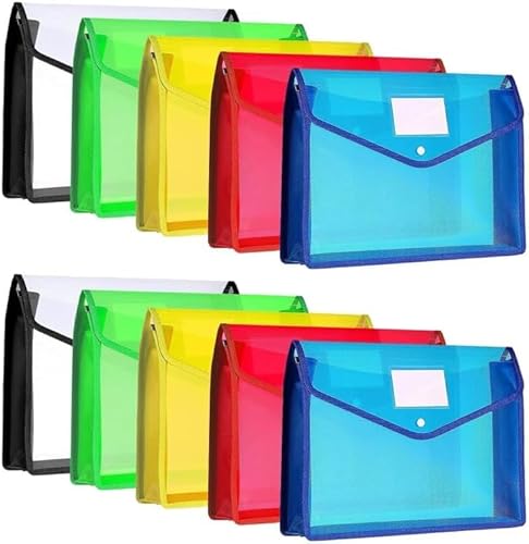 OMIQIY ボタン式ファイル袋 10個セット ファイル袋 5色 ファイルケース a4 縦式 大容量 プラスチック 防水 透明 オシャレ 可愛い 持ち運び クリアファイルケース 資料 書類整理 仕事 学習