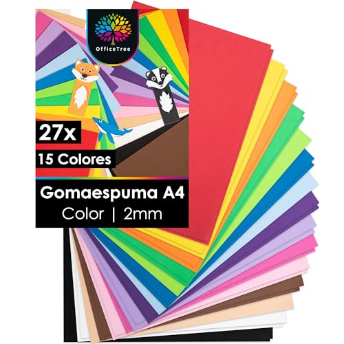 OfficeTree 27x Goma EVA A4 2mm - 15 Colores - Goma Espuma no Autoadhesivo - Goma Manualidades A4 per Hobby Creativo - Goma EVA Decorada - Manualidades con Foam