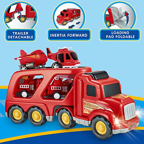 Slenpet Fire Truck Toys For 3 4 5 Years Old Boys Kids Toddlers, Vehicles Toy Set With Light And Sound, Large Transport Cargo Truck, Small Helicopter, Airplane, Emergency Rescue Cars, 5 In 1 Playset #TOP4
