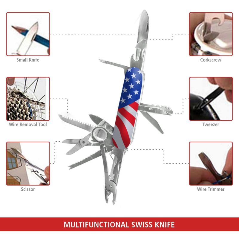 Image of Swiss Eagle 30-in-1 Classic Pocket House Hold & Campaign Tool, Premium Multi Tool Pocket Tool with Blade, Scissor, Screwdriver, Plier, Magnifying Glass, Tweezer for Christmas Gifts - American Flag