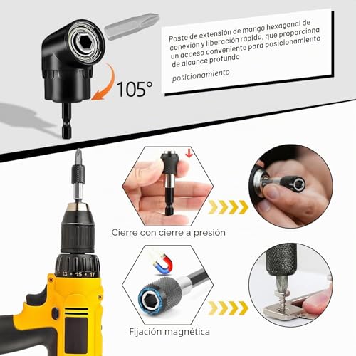 Miniatura 8 de Juego De 14 Destornilladores Angulares De 105 Con Barras De Extensión Autobloqueantes, Atornillador Angular Para Agujeros Profundos De Hasta 15 Cm, Ideal Para Espacios Estrechos En El Hogar Y El