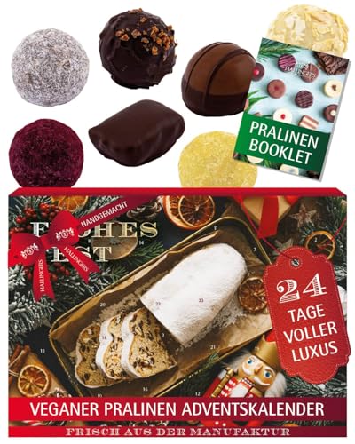 Hallingers Genuss Manufaktur Veganer Pralinen Adventskalender mit & ohne Alkohol – 24 handgemachte vegane Schoko Pralinen aus Edelkakao - Süßigkeiten Geschenk Erwachsene - Weihnachtskalender 2025