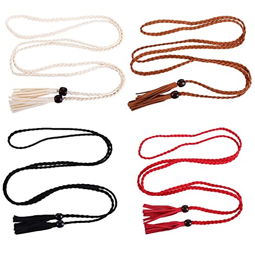 Vctitil 4 Pcs Women Braided Waist Belts, Multi Colors Woven Tassel Belts Braided Waist Rope Ethnic Style Women Belts DIY Dress Pants Waistbands Accessories