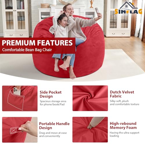 3FT Bean Bag Chair, Comfy Bean Bag Chairs with Memory Foam Filled, Fluffy Beanbag Sofa with Dutch Velvet Cover, Round BeanBag Chairs for Living Room, Playroom - Red