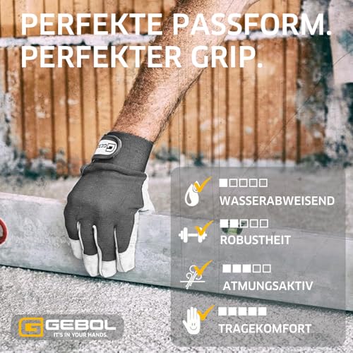 Gebol Uni Fit Comfort, 3 Paar Arbeitshandschuhe aus hochwertigem Leder, Handschuhe Herren für Bau, Mechanik & Garten, elastischer Bund & Klettverschluss, Sicherheitshandschuhe Gr. XL/10, Weiß/Grau