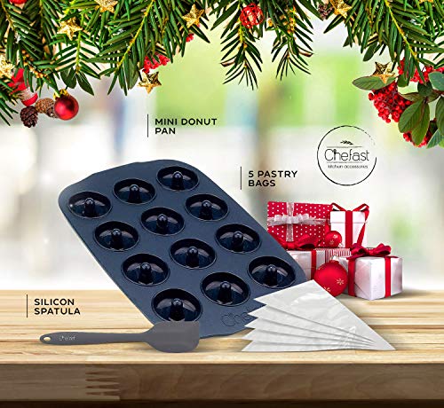 Chefast Silicone Donut Pan Kit - 12 Hole Non-Stick Doughnut Molds, 5 Pastry Bags, And Spatula - Freezer, Oven, And Dishwasher-Safe, Reusable Mold Tray For 9 Full-Size Donuts And Bagels #TOP1