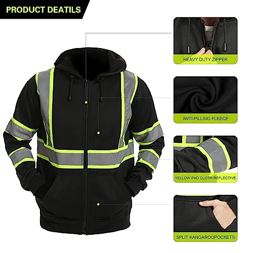 High visibility Hoodie for Men Class3,Hi Vis Hoodie with Zipper,Reflective Hooded Hood,Construction work Safety Sweatshirt with Large front Pocket for Men/Women BLACK,4XL2