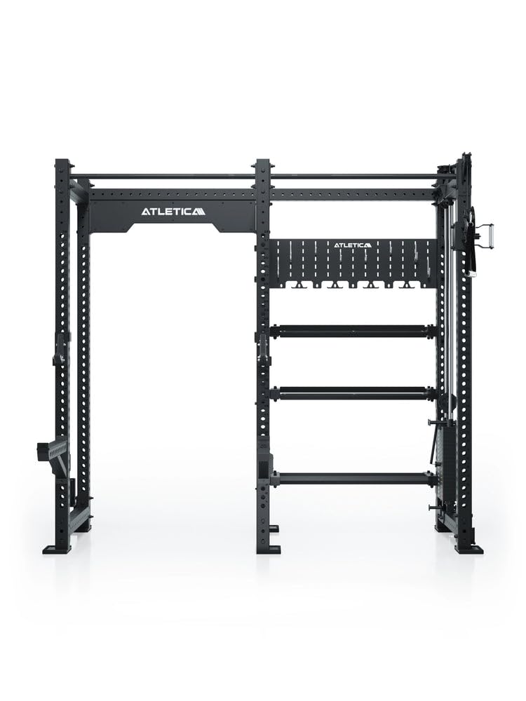 ATLETICA R8 Falcon R | czarny | kompaktowy stojak Power Rack z linką | blok obciążeniowy 95 kg i kompletny system przechowywania – idealny do studia i treningu osobistego