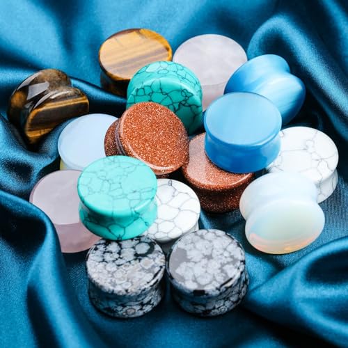Natural Stone Ear Plugs Stretching Gauges Kit,16Pcs Mixed 6MM-20MM Saddle Double Flare Tunnel Unisex Earrings Body Jewelry4