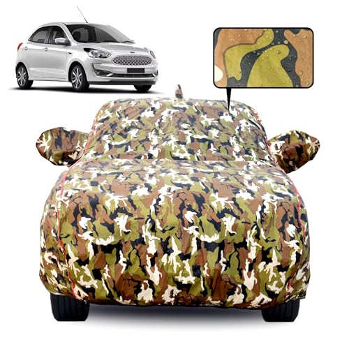 Image of Waterproof Car Body Cover for Ford Figo with Mirror Pocket, Soft Cotton Lining, Triple Stitched, Full Bottom Elastic (Heat Resistant Jungle Print with Red Piping)