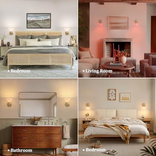 Image of Shenmoyl Battery Operated Wall Sconce Set of 2, Vintage Rechargeable Wall Lights with White Lily Glass Shade, Wireless Indoor Wall Lamp for Bedroom Living Room Bathroom