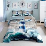 Erosebridal Lighthouse Comforter Set Queen Size,Sea Ocean Wave Bedding Set Nautical Bedroom Decor,Teal Marine Comforter Set for Girls Boys,Retro Vintage Style Coastal Beach Quilt Bed Set 3Pcs