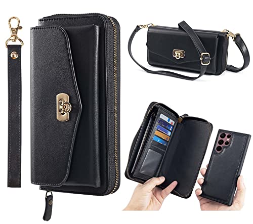 LITOU Compatible with Samsung Galaxy S23 Ultra Crossbody Lanyard Wallet Case for Womenï¼Zipper Leather Flip Case with Card Holders,Magnetic Detachable Cover,Wristlet.Black