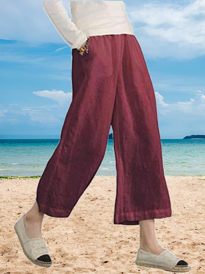 Akivide Wide Leg Linen Pants for Women Summer Elastic High Waisted Casual Beach Loose Comfy Pants with Pockets2