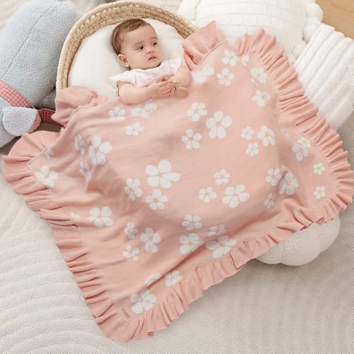 Image of Cotton Knit Baby Blanket with Ruffle Edge - Soft Baby Girl Blanket, Receiving Blanket for Newborn, Stroller & Crib Blanket, Newborn Shower Gift (Pink)