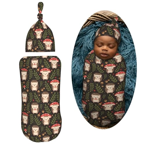 Image of Cute Baby Hedgehog and Mushrooms Newborn Swaddle Blankets Hat Sets Soft Baby Receiving Blanket Swaddle Sack for Baby Shower Infant Boy Girl Gift