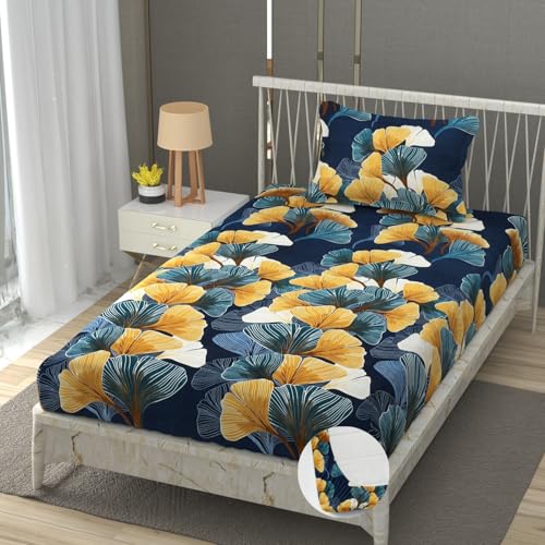 Image of Vram Premium Heavy Cotton Elastic Fitted Bedsheets with 1 King Size Pillow Covers || Single Bed with All Around Elastic 350 TC || 36 x 78 x 6 Inch Single Size Fitted || :- Green Mushroom