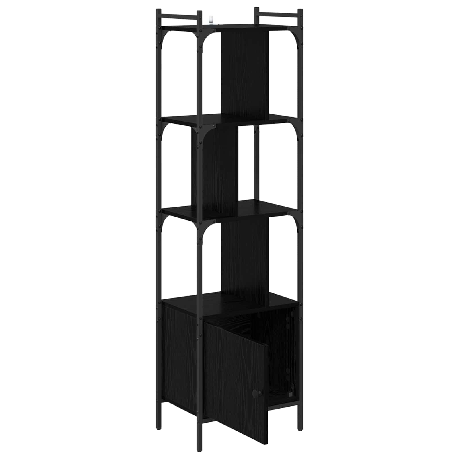 Libreria nera effetto rovere, 44,5 x 30 x 154,5 cm, con 6 ripiani aperti e porta, robusto materiale in legno, versatile, per soggiorno, studio, cameretta dei bambini
