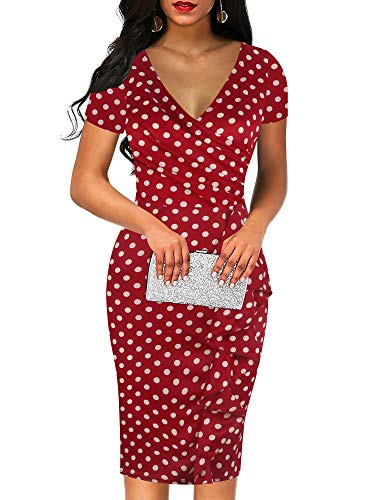 Sakaly Women s Short Sleeve Wrap Red Polka Dot V Neck Work Business Sheath Pencil Knee-Length Dress SK300 (M, Red Dot)