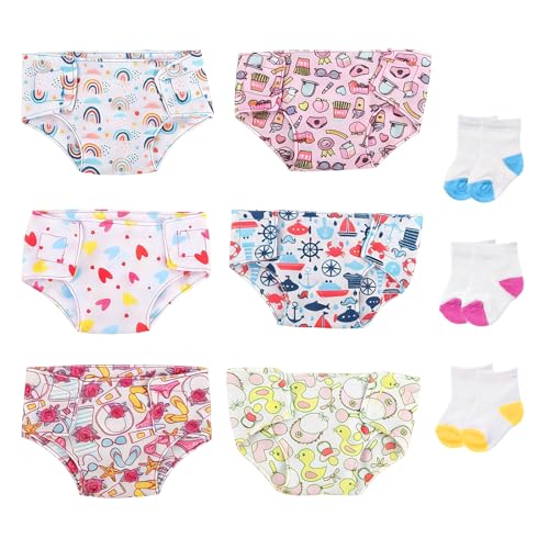 Atomvia 6 Stück Puppenwindeln Set für Baby Puppen 3043 cm 6 Wiederverwendbare Puppenwindeln und 3 Paar Puppen Socken Puppenzubehör für 1418 Zoll Babypuppen