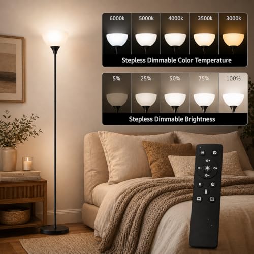 PESRAE Floor Lamp, Remote Control with Stpeless Color Temperatures and Brightness, Torchiere lamp for Bedroom, Living Room, Bulb Included (Matte Black) - Image 4