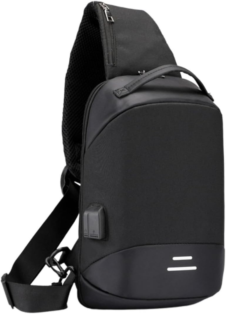 VOSAREA Men Chest Bag Black Oxford Fabric USB Charging Crossbody