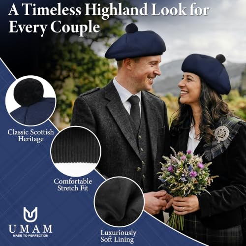 Image of Scottish Tam O' Shanter Hat Tartan Bonnet Pom Pom Wool Flat Cap One Size