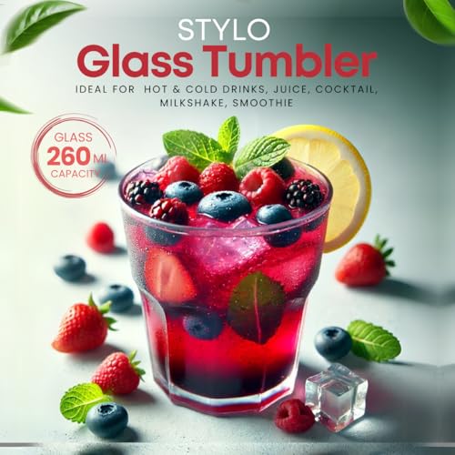 Image of Yera Stylo Glass Tumbler Set of 6 for Kitchen | 260 ml Each | Water | Hot & Cold Drinks | Juice | Cocktail | Milkshake | Smoothie | Perfect for Home | Party | Restaurant | Gifting, Transparent