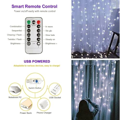 Image of One94Store Fairy Curtain String Lights for Wall Decoration, USB Powered 300 LED's, 8 Flashing Modes, Window Backdrop Lights for Bedroom, Party, Diwali, Christmas - (3x3 Meter) White