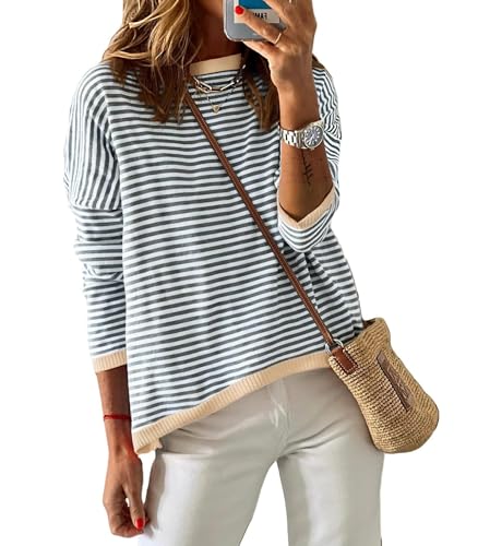 Womens 2024 Striped Long Sleeve Sweaters Fall Crewneck Color Block Shirts Knited Pullover Tops Side Split