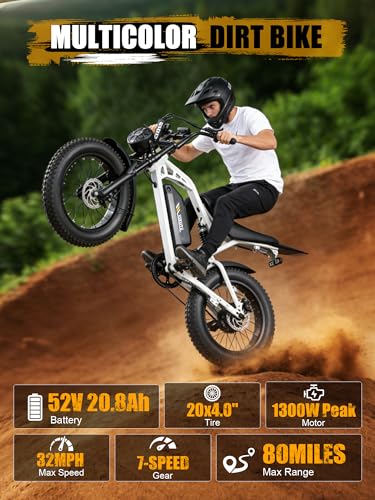 Image of Electric Dirt Bike Adults, 1300W Peak 52V20.8Ah ebike, 20+MPH 20 inch x4.0 Fat Tire, Streamlined E-Motorcycle with 7 Speeds for Youths, V200，White with Rear Rack + Footrests
