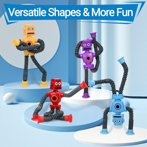 Robot Toys (4 Pack), Telescopic Suction Cup Robots Autism Pop Tubes Sensory Fidget Toy, Gifts for Kids Toddler Age 3-6 Year Old, Boy Girl Party Favors - Thumbnail 4