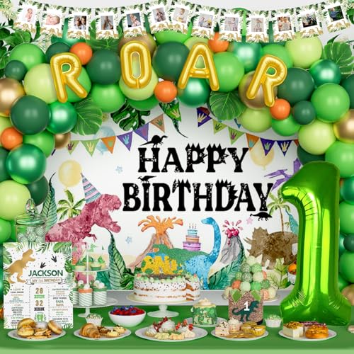 Hombae One a Saurus Birthday Decorations, Dinosaur 1st Party for One Year Old Boy Backdrop Balloon Garland Leaves Monthly Photo Highchair Banner Box Cutout Cake Topper Crown Poster 139 PCs - Thumbnail 7