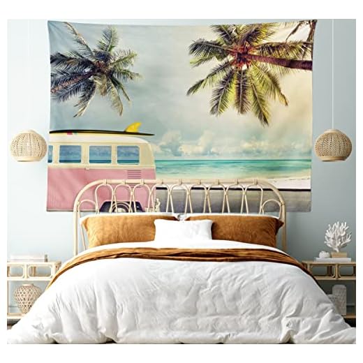 Ambesonne Surf Tapestry, Minivan The Beach Retro Inspired Vacation Clouds in Summer Sky Honeymoon Destination, Wide Wall Hanging for Bedroom Living Room Dorm, 60" X 40", Blue Blush