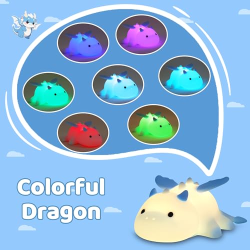 Image of Ammonite Dragon Night Light, Cute Dragon Lamp with 8 Color Lights, Soft Silicone Kids Nursery Nightlight LED Touch Light, Kids Bedroom Decor as Xmas Birthday Gifts