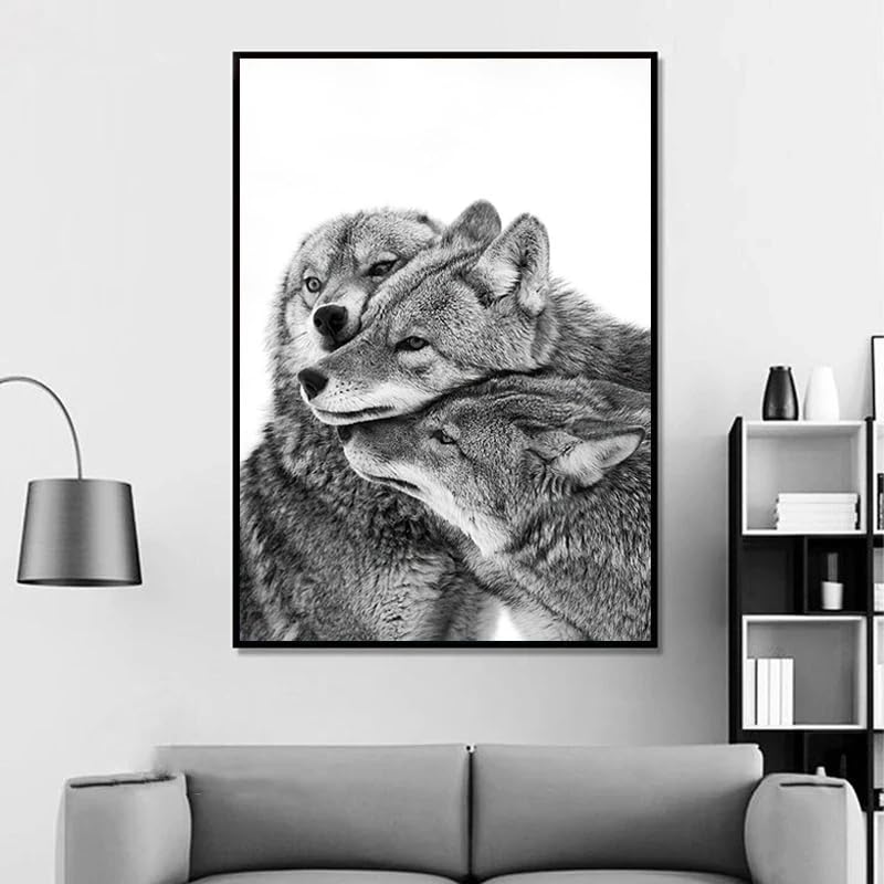 Peinture Huile Loup Noir Blanc Nordique - Poster Impression Salon 30x40cm Sans Cadre