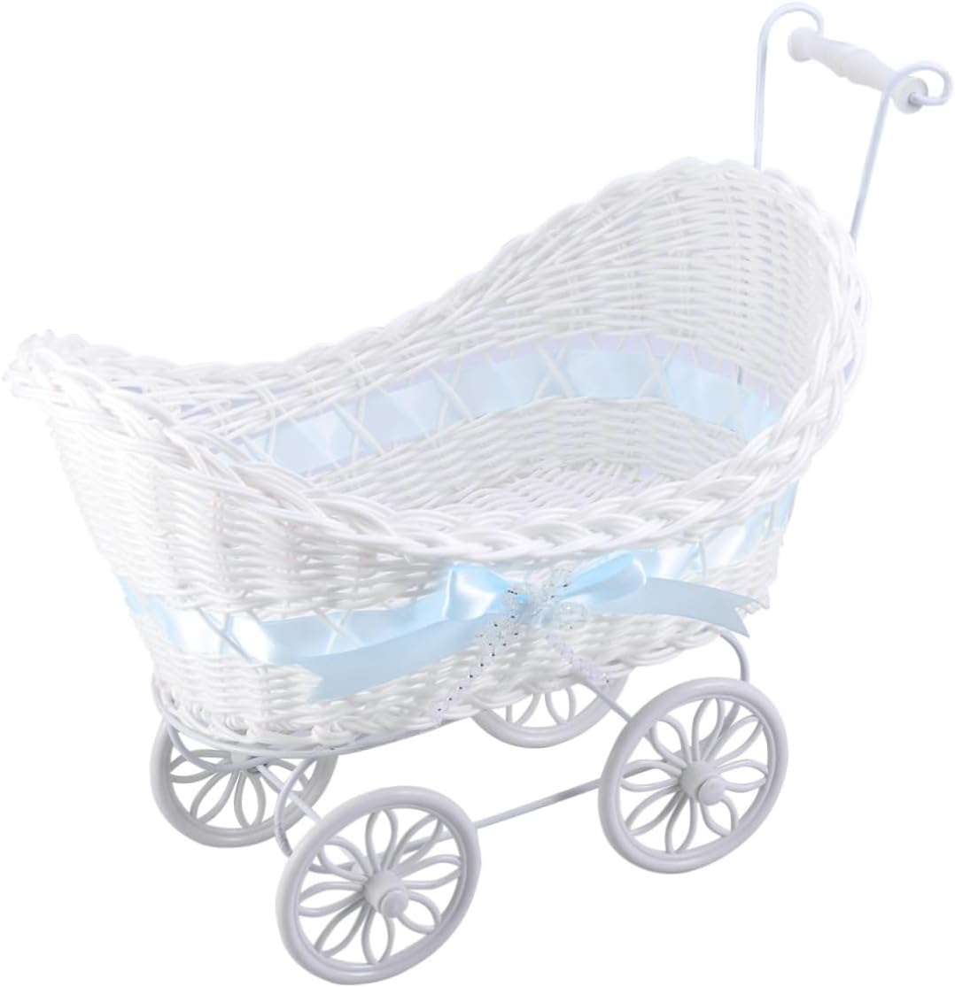 Blue Rattan Cane Tricycle Flower Basket Stroller Ornament Decorative Mini Cart for Wedding Shower Party Birthday Home Decor