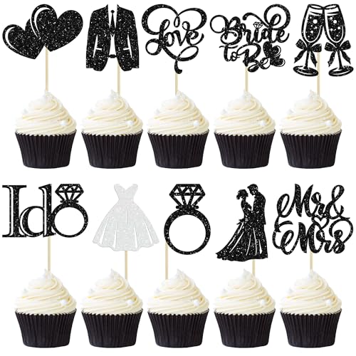 Gyufise 30Pcs Bride to Be Cupcake Toppers Glitter Diamond Ring I Do Love Cupcake Picks Miss to Mrs Bridal Shower Wedding Engagement Bachelorette Cake Decoration Black