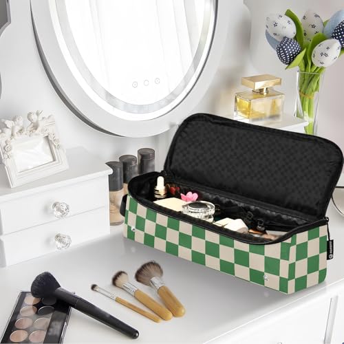 Bolsa de Viaje para Herramientas de Cabello y Alfombrilla Resistente al Calor con Cierre, Organizador para Plancha y Accesorios de Cuidado Capilar, Patrón Cuadrícula Verde Pasto y Beige miniatura 7