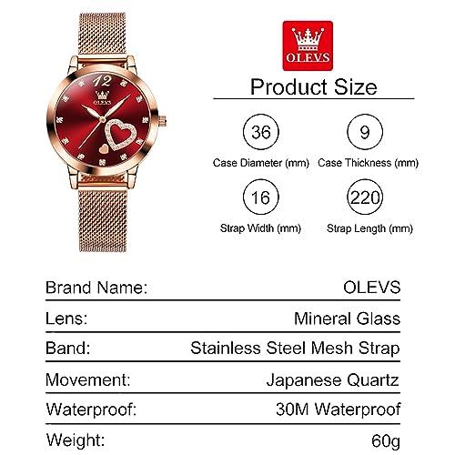 Elegant Rose Gold Women's Watch with Red Dial and Diamond Accent – Stylish Mesh Bracelet for Slim Wrists, Waterproof Analog Timepiece - Image 6