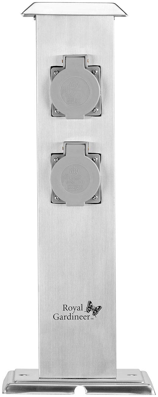 Rosch Gartensteckdosensäule RO-1006 – 4 Steckdosen, IP44, Mit Schalter & Uhr (Edelstahl/Kunststoff)