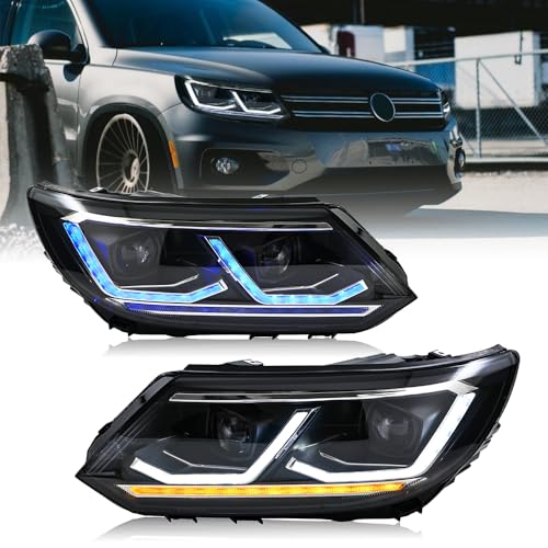 COOLCMP Headlights Compatible with 2012-2017 Volkswagen Tiguan Frontlamp VW SE S SEL R-Line Sport w/Dynamic Animation Amber Sequential Turn Signal Front Head Lamp(Halogen Only, 1 Pair)