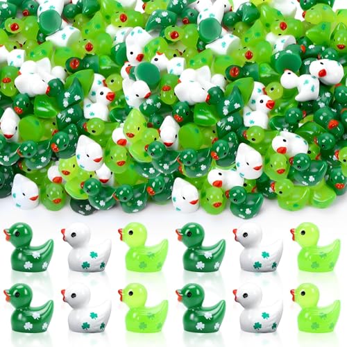 DTOFOOT 80pcs Mini St Patricks Resin Ducks, Lucky Shamrock Duck Figurines St Patrick’s Day Party Favors for Dollhouse Decor DIY Crafts