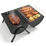 Yapasopu Parrilla portátil para camping, parrilla tipo barril para exteriores, ideal para la playa, caravanas, jardín y fiestas. Color negro, incluye 1 bandeja y 2 rejillas
